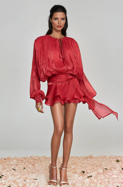 Aminah Balloon Sleeve Ruch Ruffle Mini Dress in Red