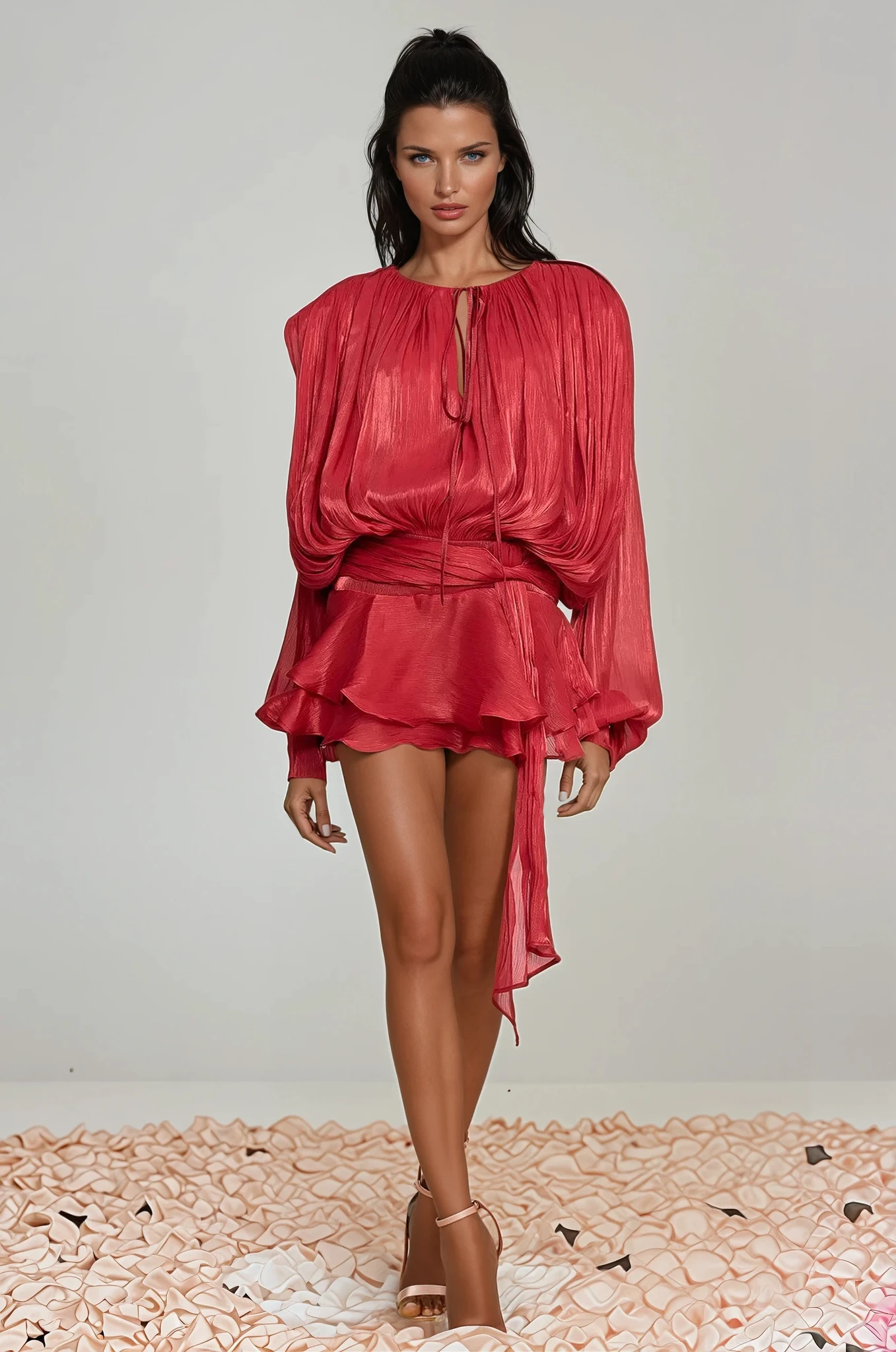 Aminah Balloon Sleeve Ruch Ruffle Mini Dress in Red