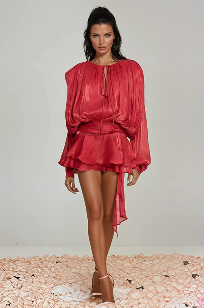 Aminah Balloon Sleeve Ruch Ruffle Mini Dress in Red