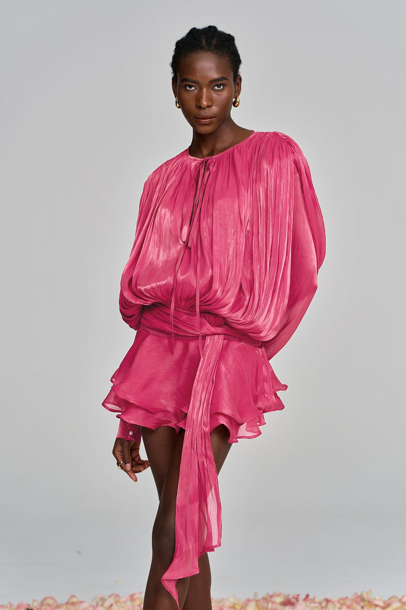 Aminah Balloon Sleeve Ruch Ruffle Mini Dress in Rose Red