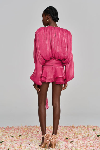 Aminah Balloon Sleeve Ruch Ruffle Mini Dress in Rose Red