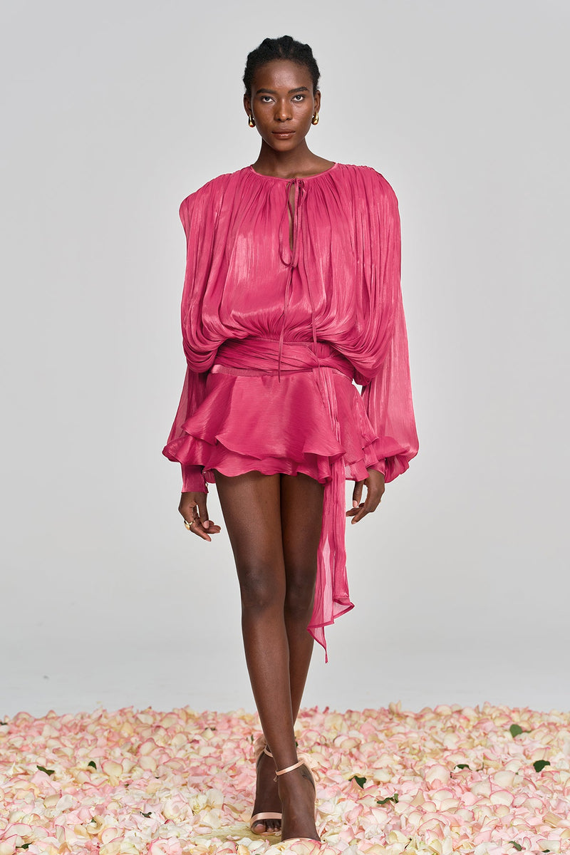 Aminah Balloon Sleeve Ruch Ruffle Mini Dress in Rose Red