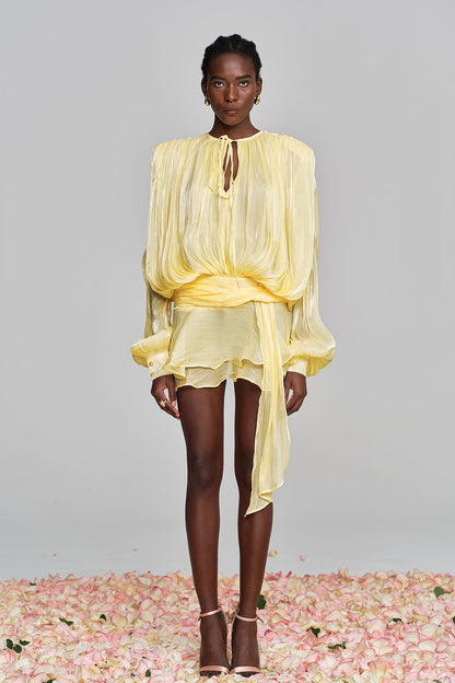 Aminah Balloon Sleeve Ruch Ruffle Mini Dress in Yellow