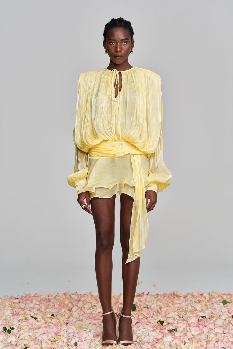 Aminah Balloon Sleeve Ruch Ruffle Mini Dress in Yellow