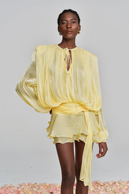 Aminah Balloon Sleeve Ruch Ruffle Mini Dress in Yellow