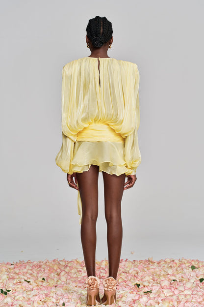 Aminah Balloon Sleeve Ruch Ruffle Mini Dress in Yellow