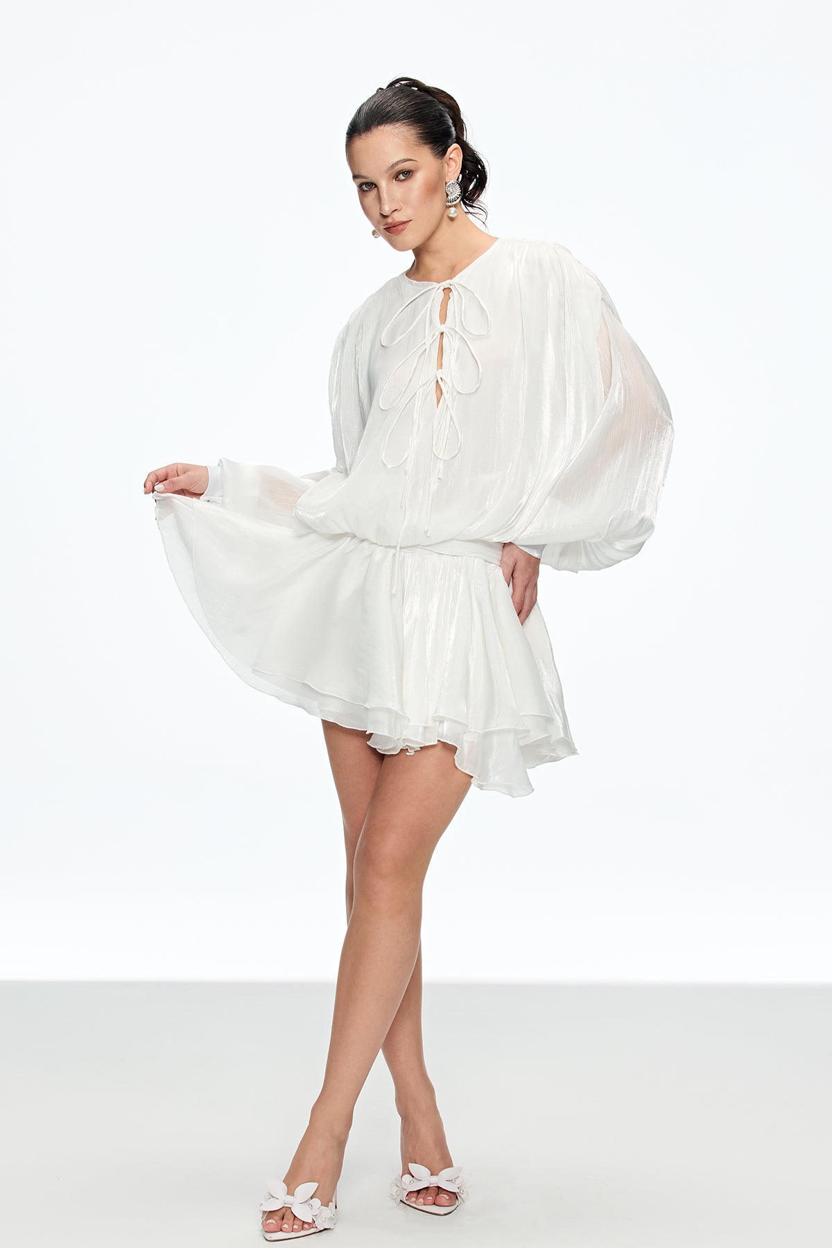 Aminah Lace Up Ruch Ruffle Mini Dress