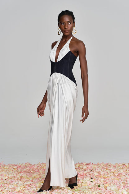 Aminia Halter Neck Ruch Deconstruct Maxi Dress