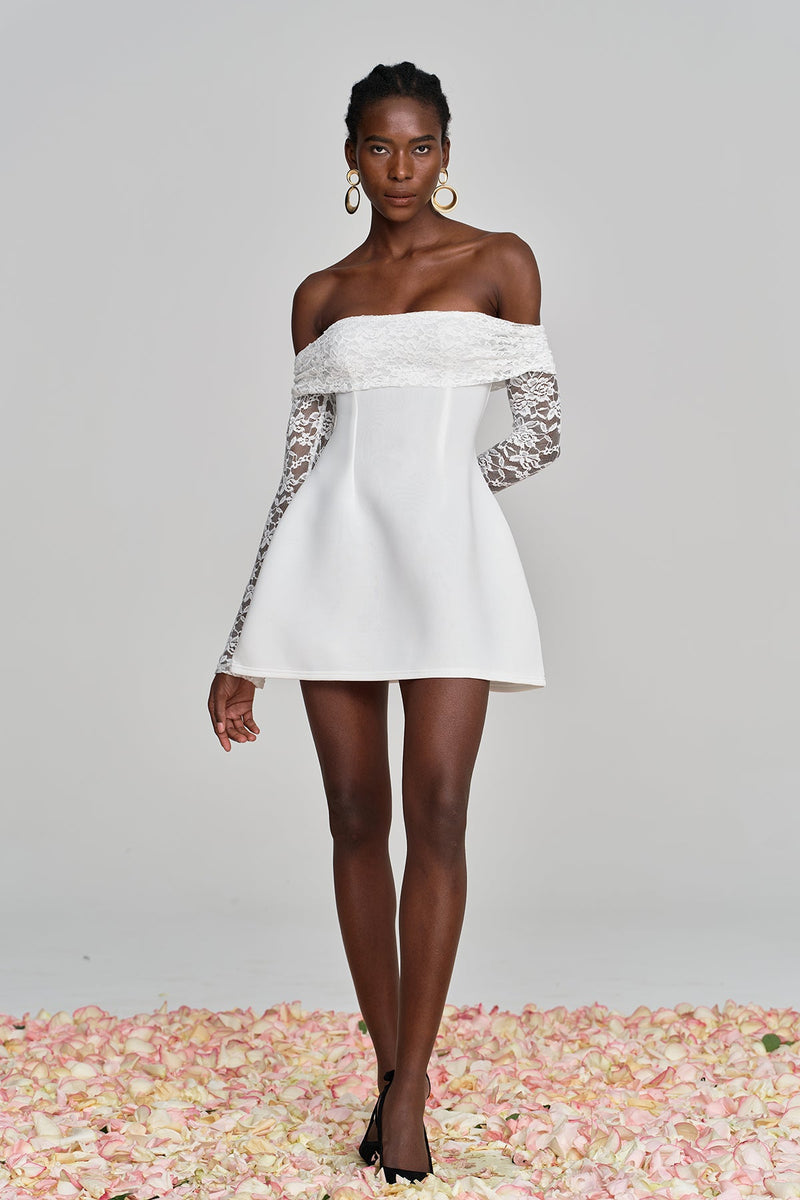 Amira Off Shoulder Lace Ruch Mini Dress