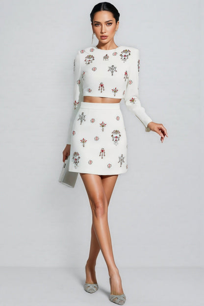 Tovake White Crystal Embellished Mini Dress Set