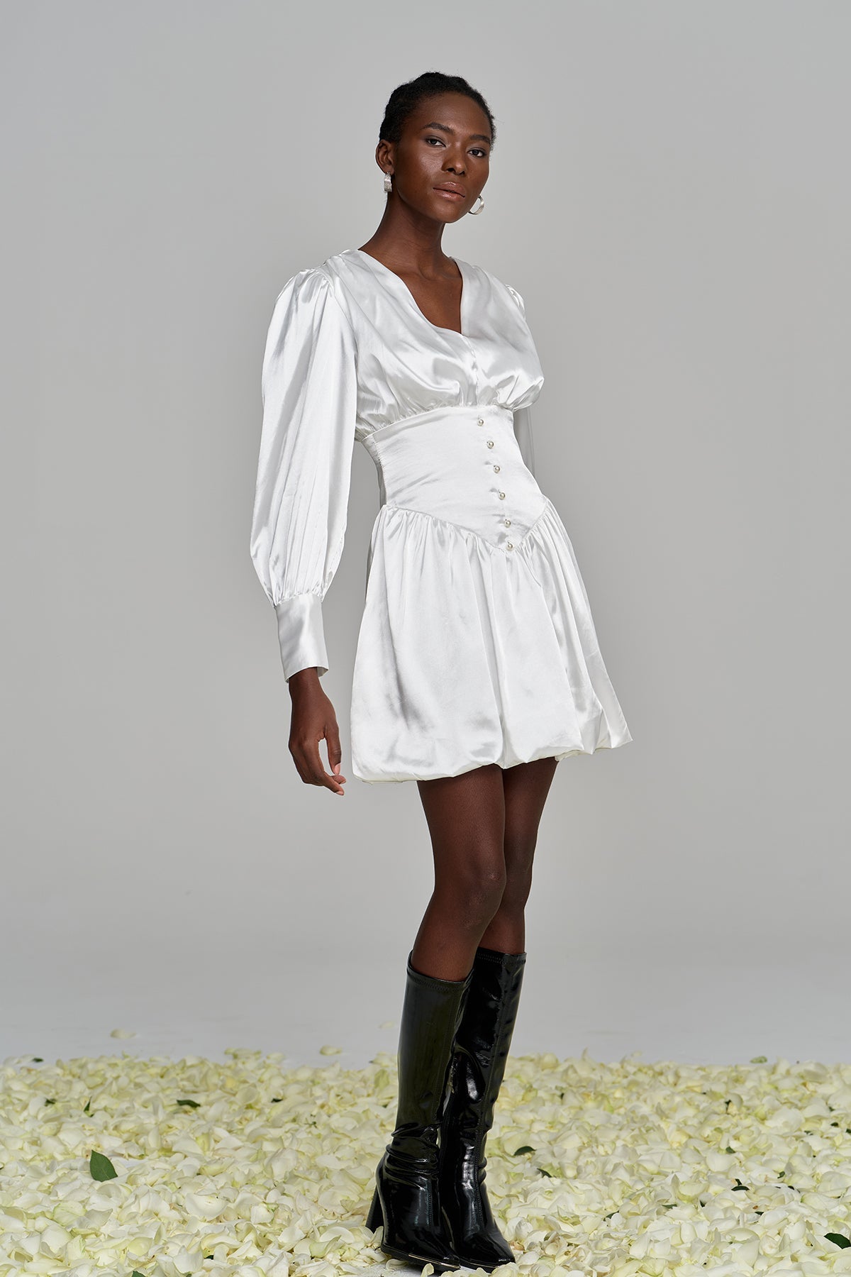 Amita V Neck Ruch Satin Mini Dress