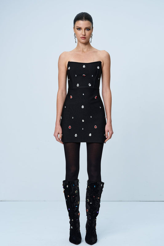 Amna Strapless Rhinestone Bodycon Mini Dress