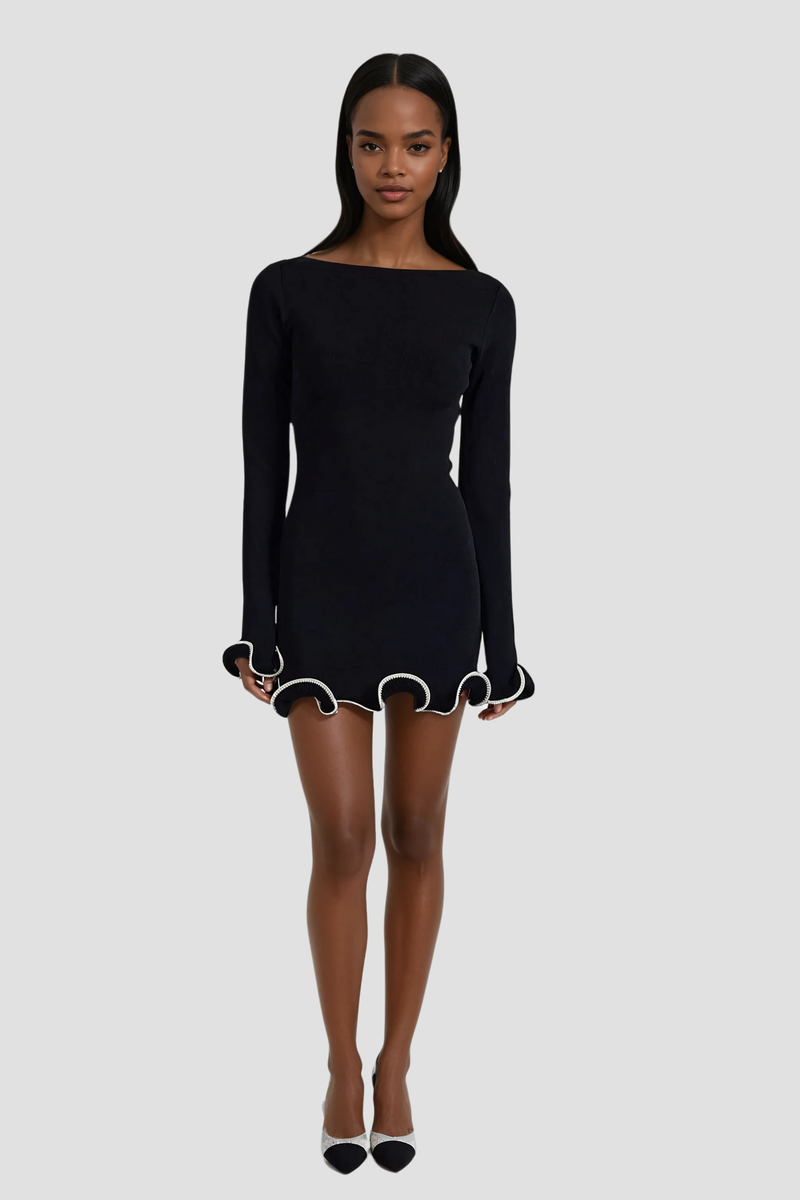 Anand Asymmetric Wavy Long Sleeve Mini Dress in Black