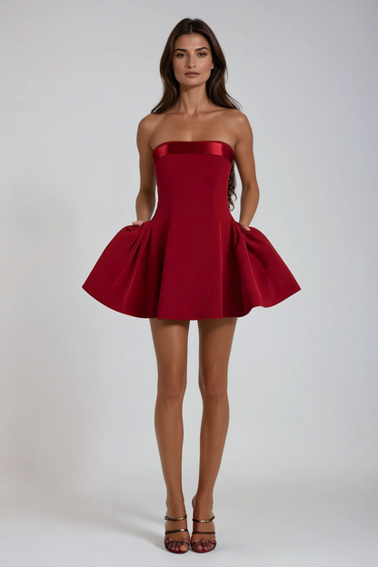 Ananda Strapless Ruffle Mini Dress in Red