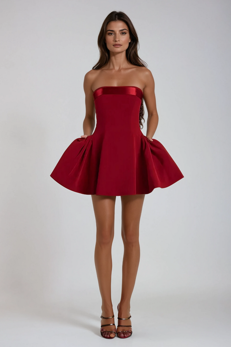 Ananda Strapless Ruffle Mini Dress in Red