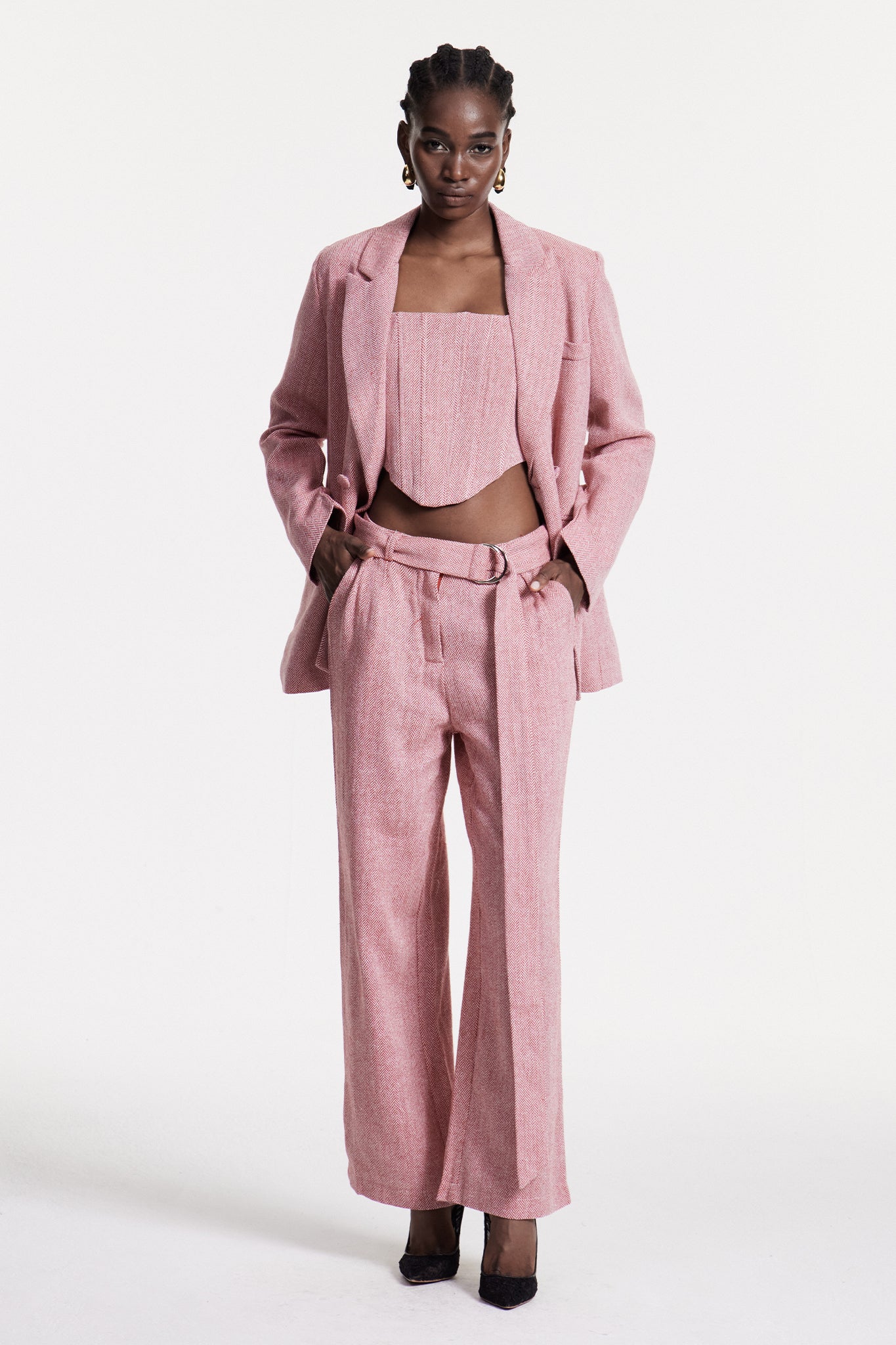 Anang Lapel Strapless Three Piece Pants Set in Pink
