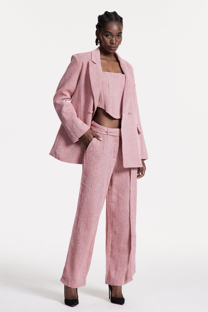 Anang Lapel Strapless Three Piece Pants Set in Pink