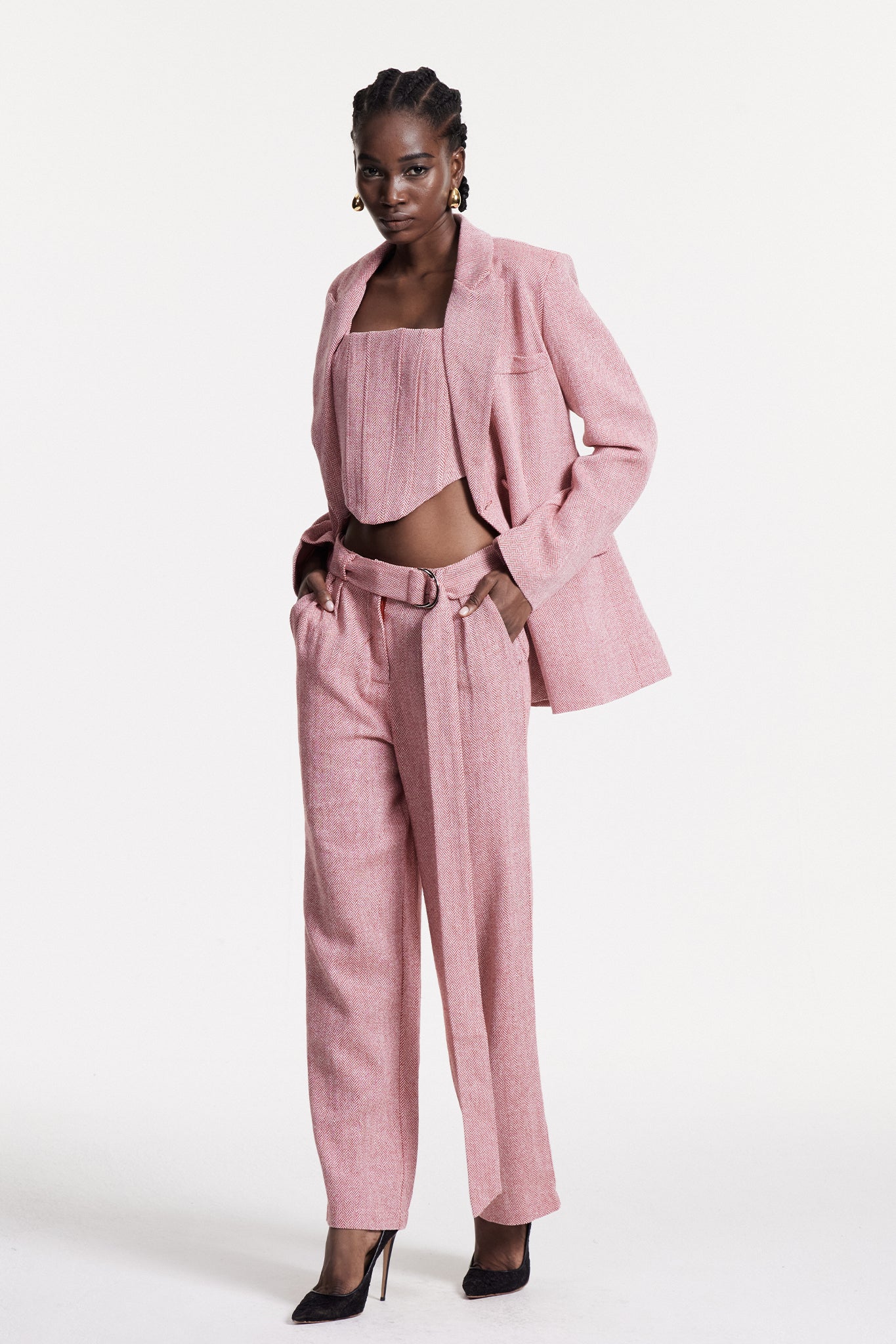Anang Lapel Strapless Three Piece Pants Set in Pink