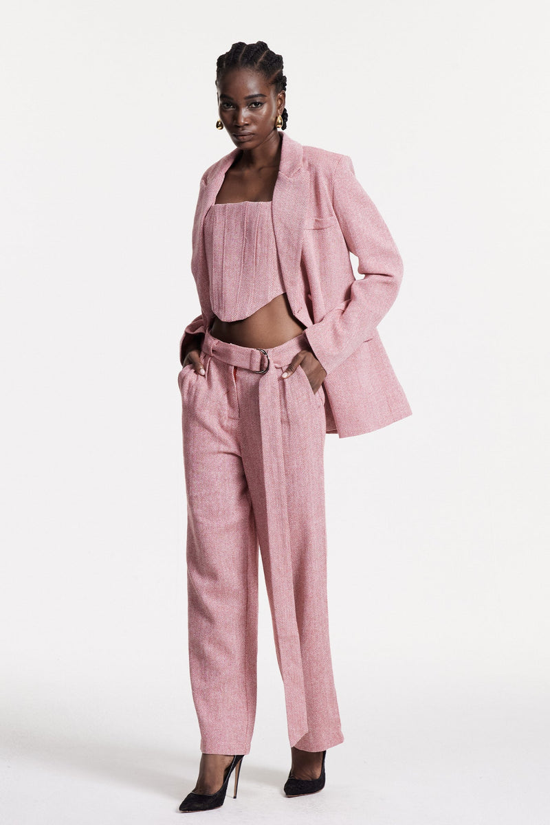 Anang Lapel Strapless Three Piece Pants Set in Pink