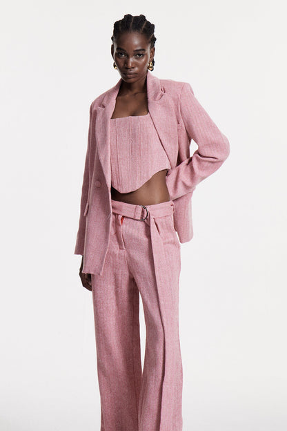 Anang Lapel Strapless Three Piece Pants Set in Pink