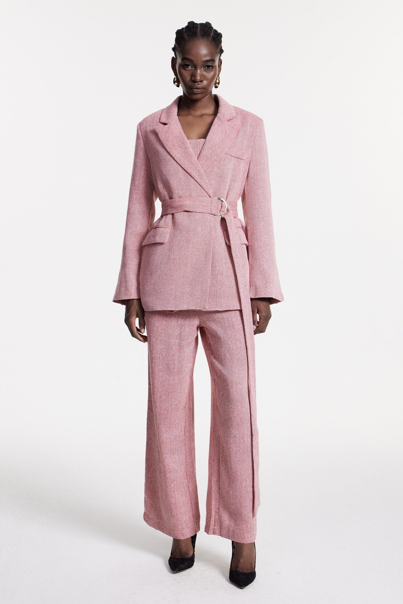 Anang Lapel Strapless Three Piece Pants Set in Pink