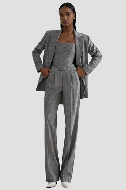 Anang Lapel Strapless Three Piece Pants Set in Grey