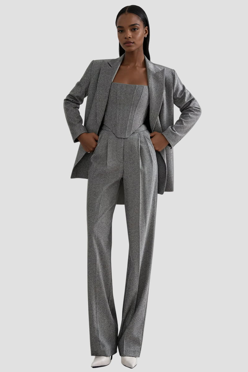 Anang Lapel Strapless Three Piece Pants Set in Grey