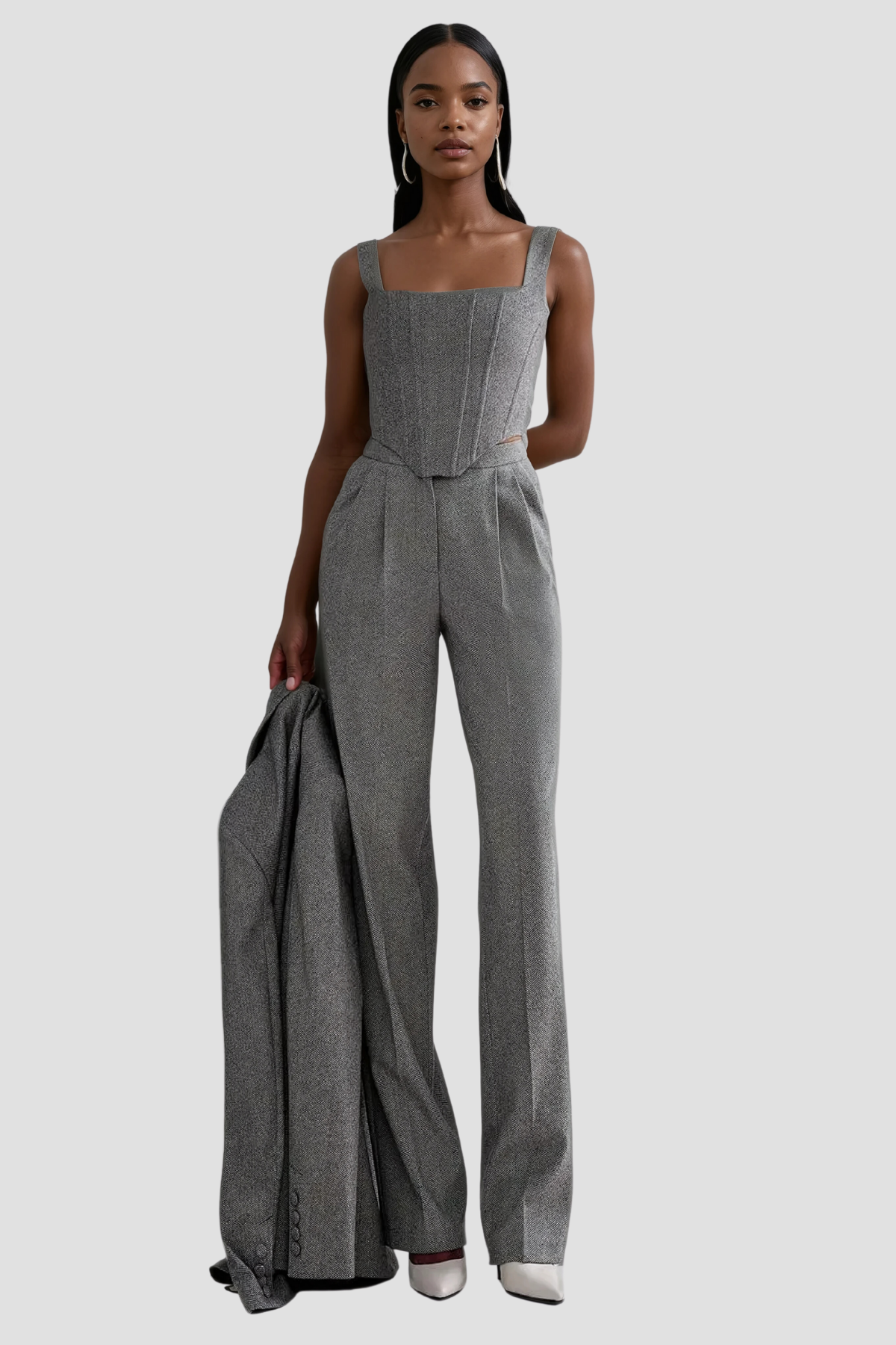 Anang Lapel Strapless Three Piece Pants Set in Grey