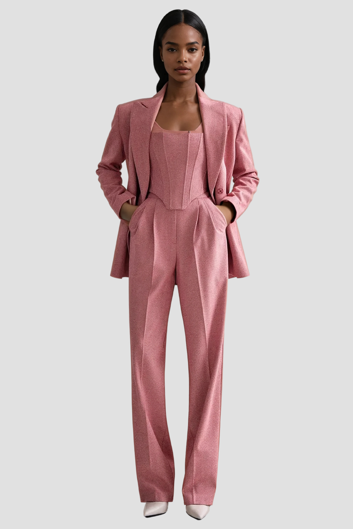 Anang Lapel Strapless Three Piece Pants Set in Pink