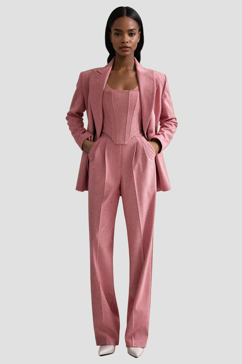 Anang Lapel Strapless Three Piece Pants Set in Pink