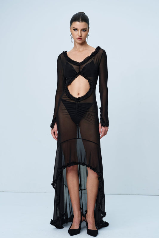 Aniya Off Shoulder Cutout Mesh Maxi Dress in Black