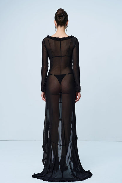 Aniya Off Shoulder Cutout Mesh Maxi Dress in Black