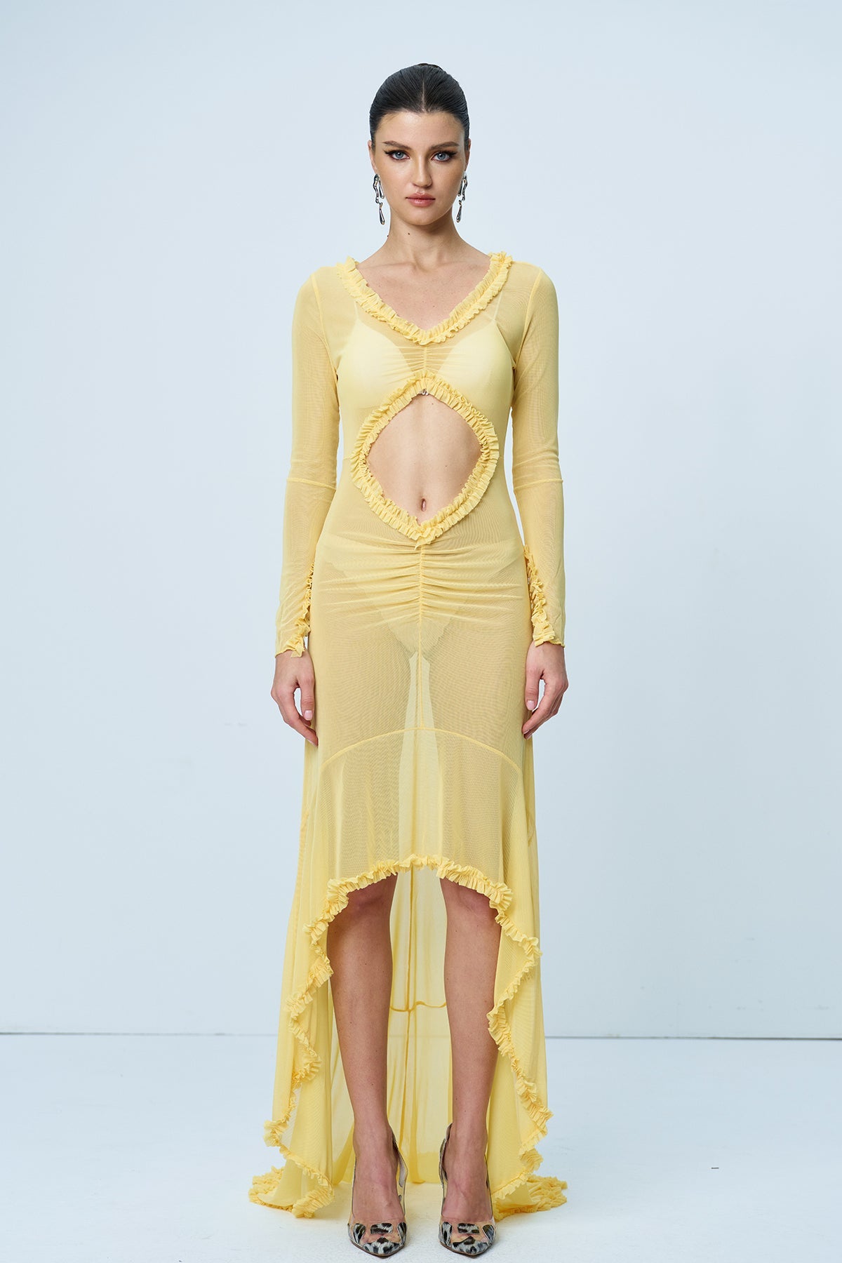 Aniya Off Shoulder Cutout Mesh Maxi Dress in Yellow