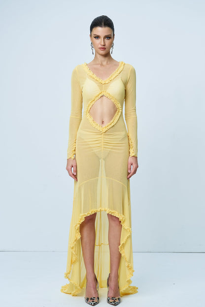 Aniya Off Shoulder Cutout Mesh Maxi Dress in Yellow