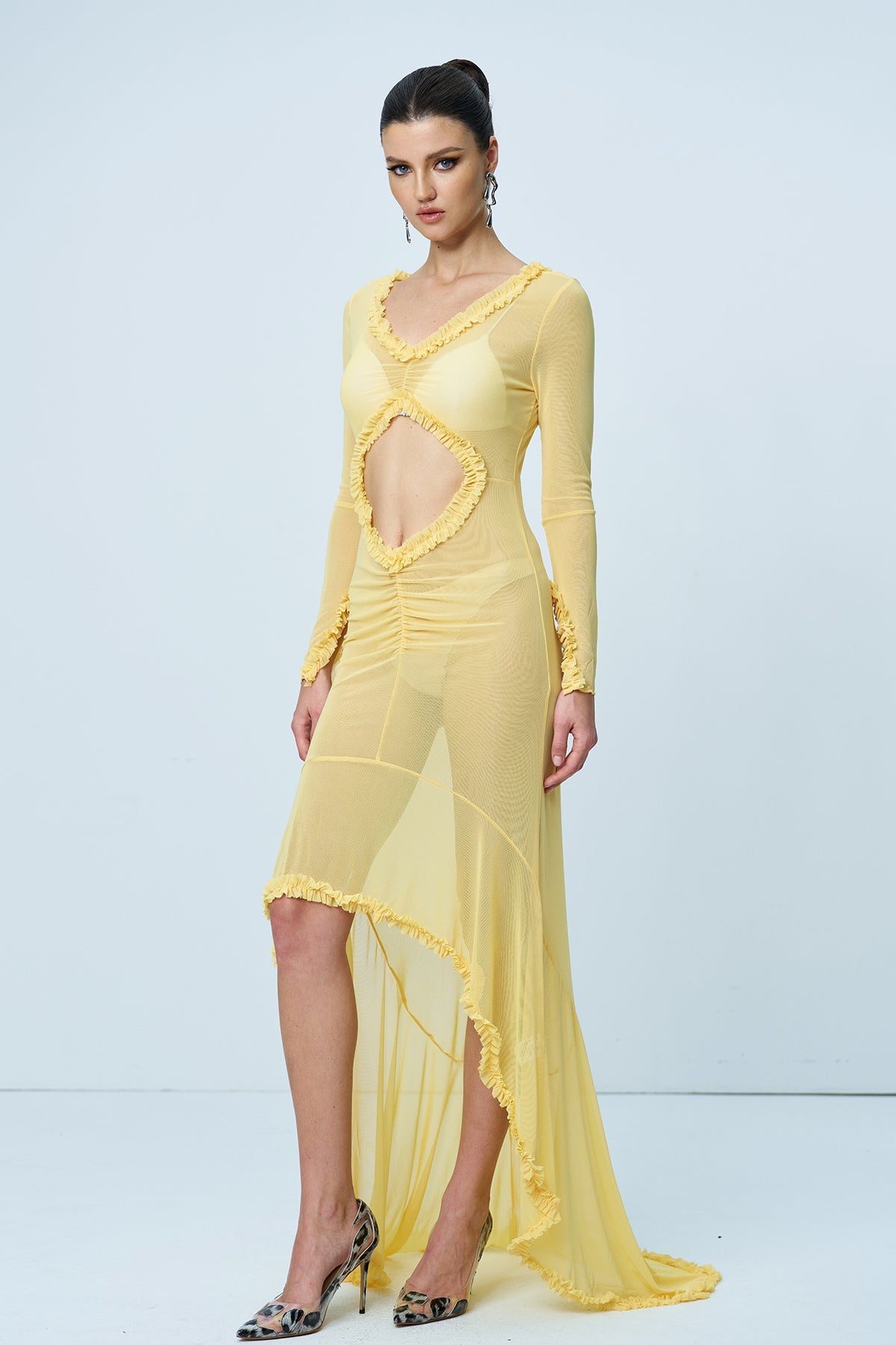Aniya Off Shoulder Cutout Mesh Maxi Dress in Yellow