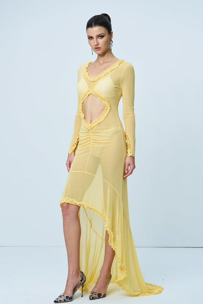 Aniya Off Shoulder Cutout Mesh Maxi Dress in Yellow