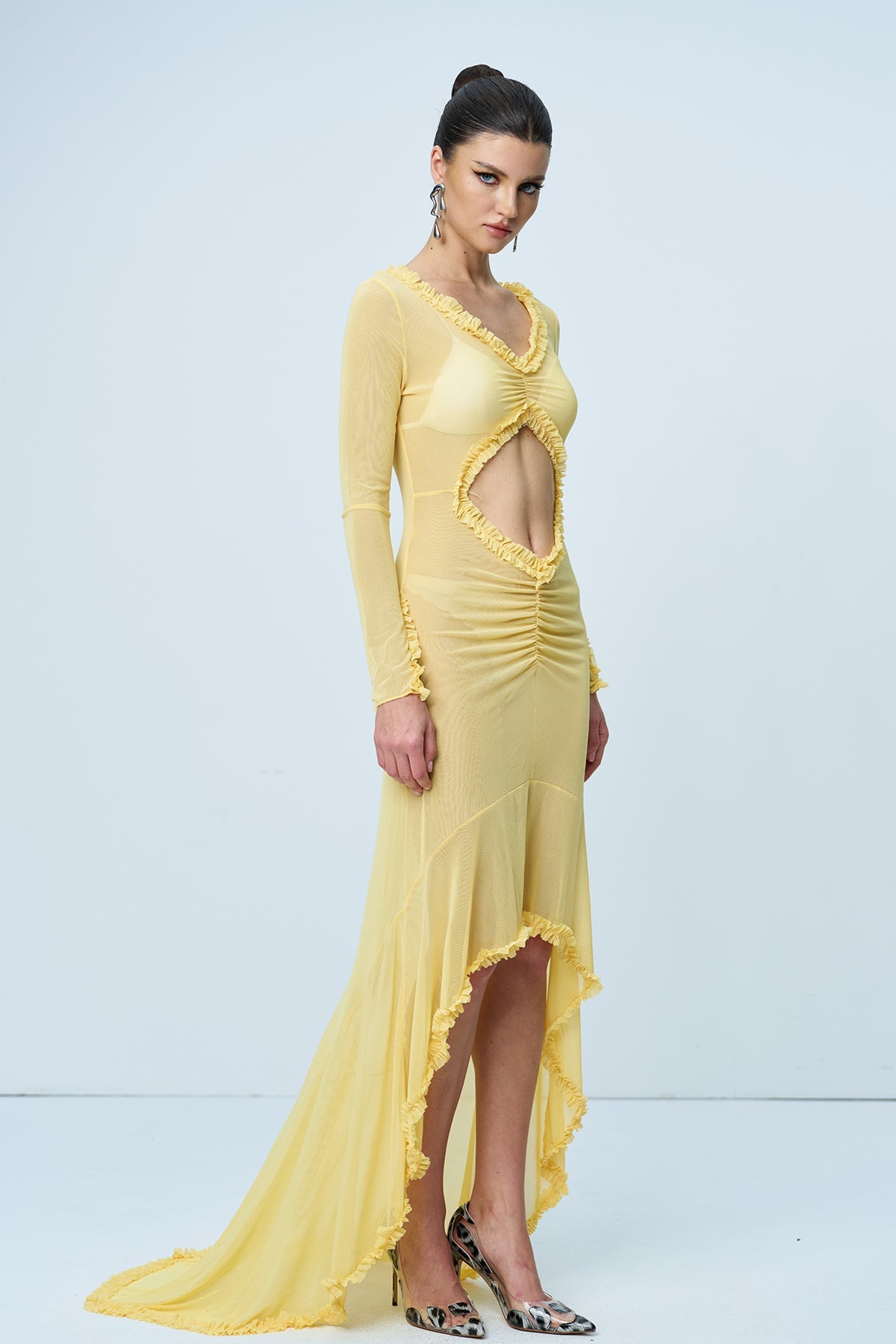 Aniya Off Shoulder Cutout Mesh Maxi Dress in Yellow