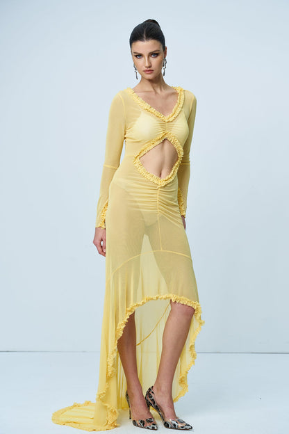 Aniya Off Shoulder Cutout Mesh Maxi Dress in Yellow