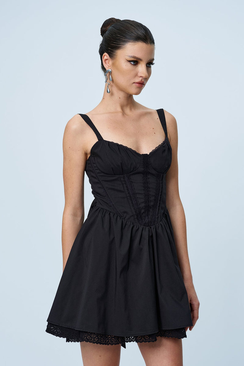 Anjolie Bow Ruch Ruffle Mini Dress in Black