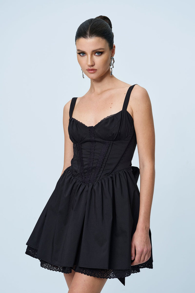 Anjolie Bow Ruch Ruffle Mini Dress in Black