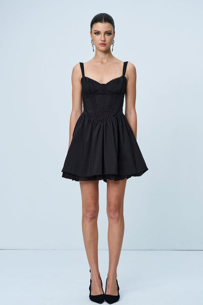 Anjolie Bow Ruch Ruffle Mini Dress in Black
