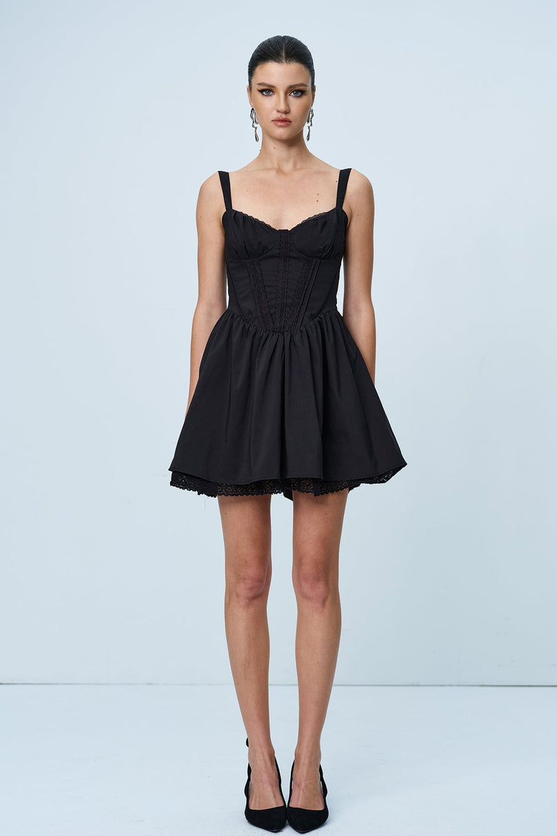 Anjolie Bow Ruch Ruffle Mini Dress in Black