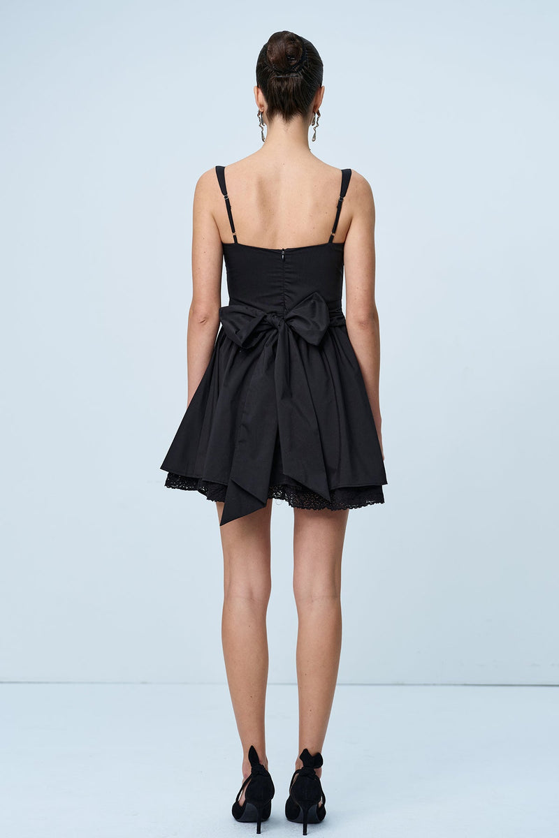 Anjolie Bow Ruch Ruffle Mini Dress in Black