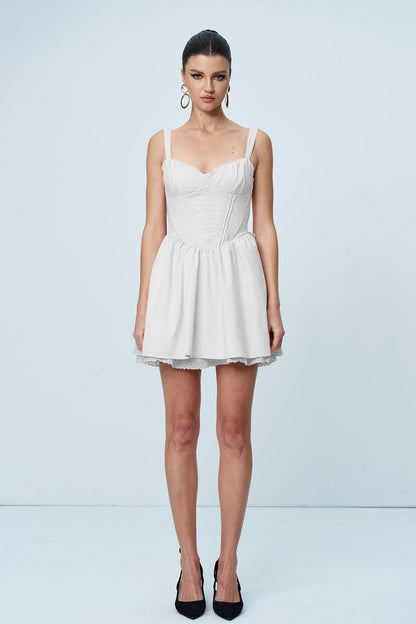 Anjolie Bow Ruch Ruffle Mini Dress in White