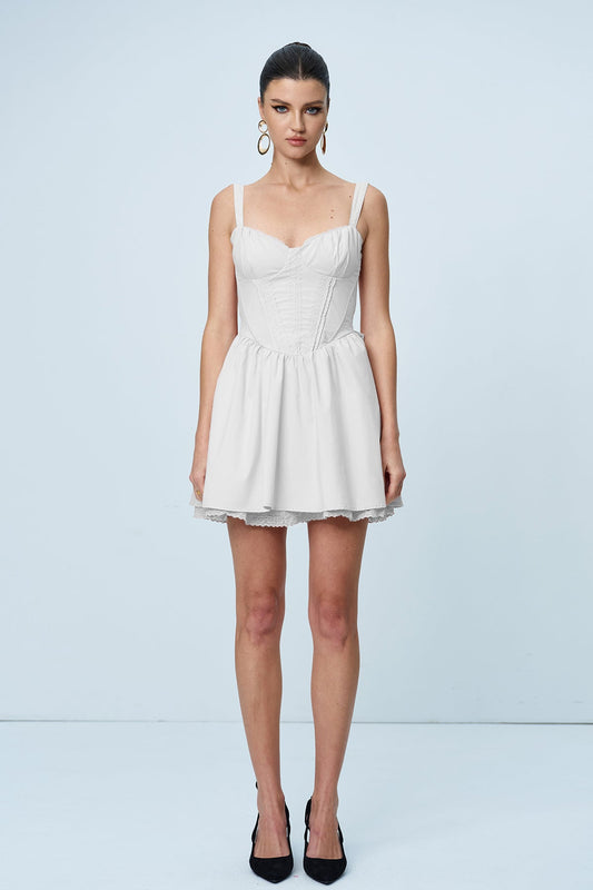 Anjolie Bow Ruch Ruffle Mini Dress in White