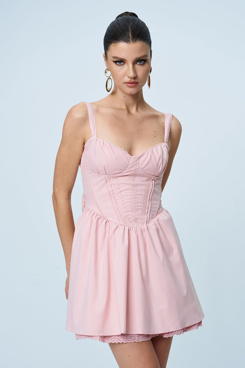 Anjolie Bow Ruch Ruffle Mini Dress in Pink