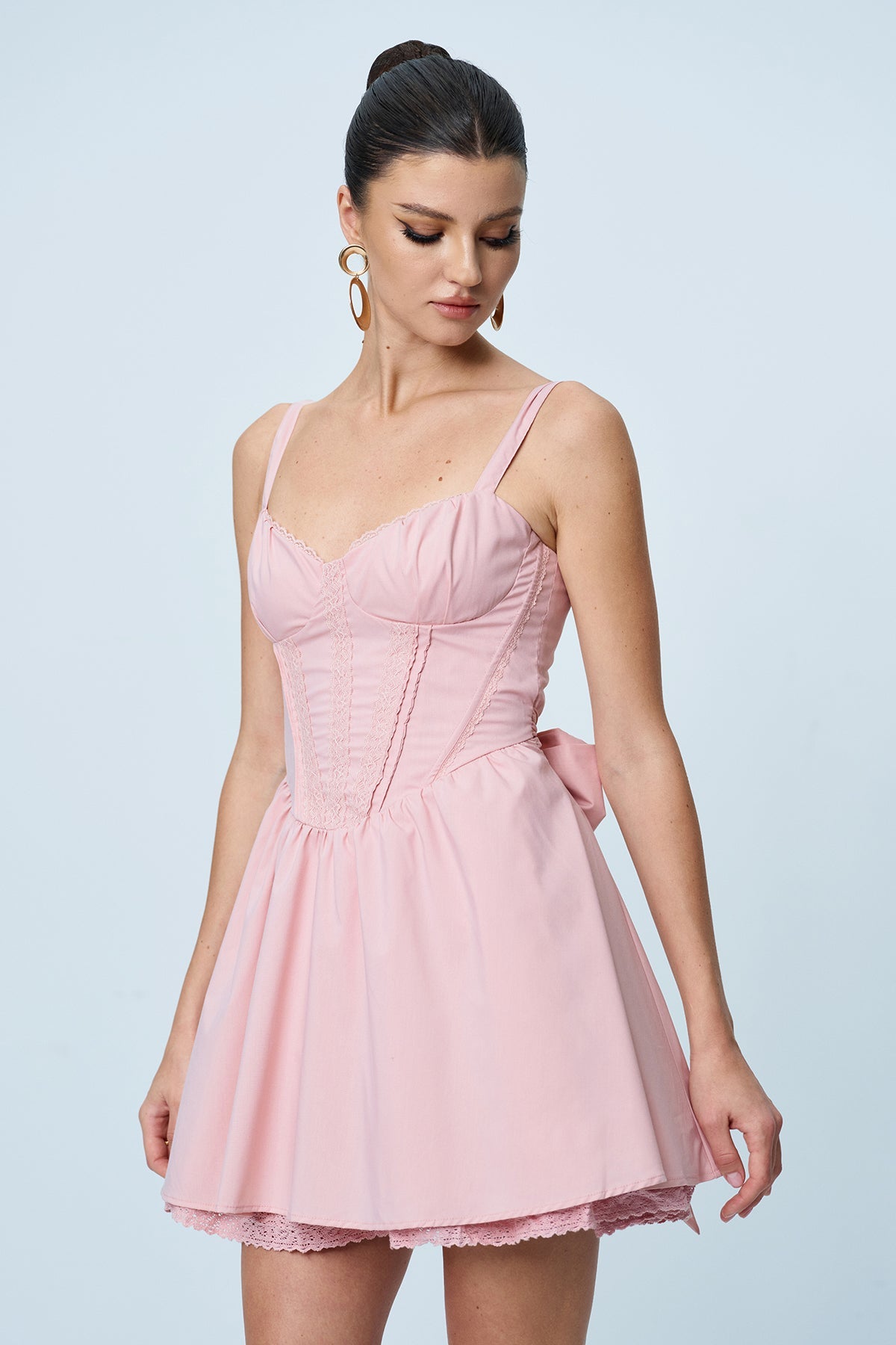 Anjolie Bow Ruch Ruffle Mini Dress in Pink