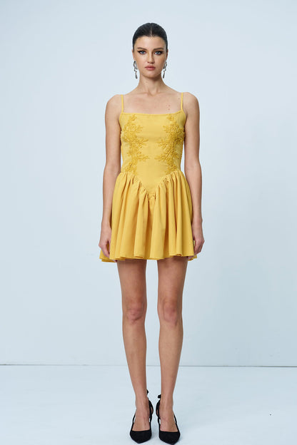 Ann Spaghetti Ruch Flower Mini Dress