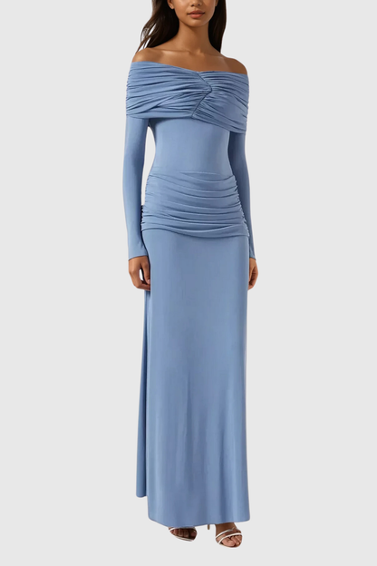 Anneke Off Shoulder Ruch Maxi Dress in Blue