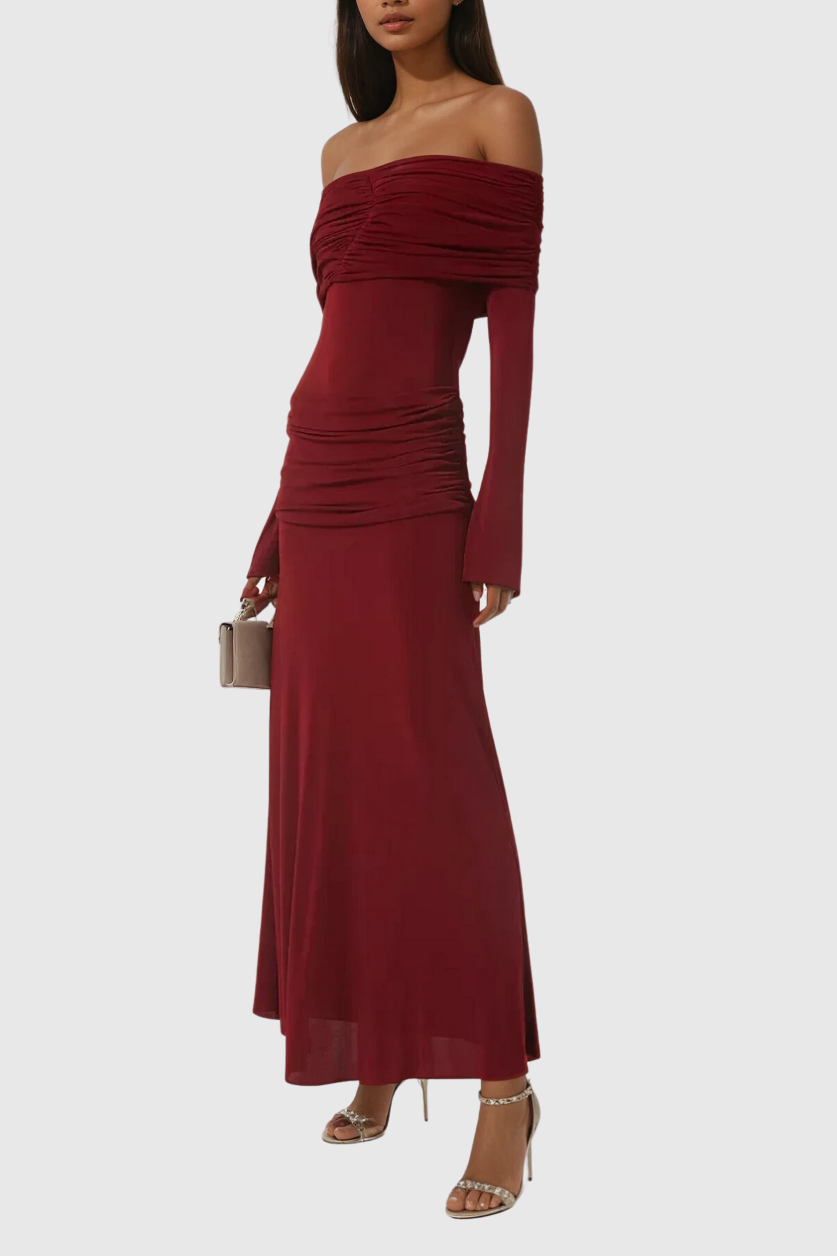 Anneke Off Shoulder Ruch Maxi Dress in Red